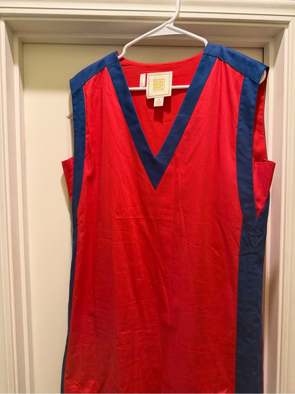 Sleeveless V-Neck Midi Dress in Red with Navy Trim
